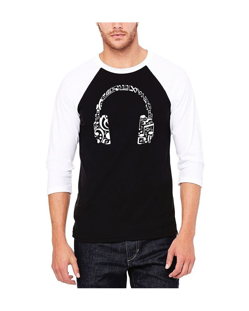 Men's Music Note Headphones Raglan Baseball Word Art T-shirt Black $26.54 T-Shirts