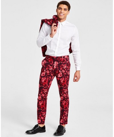 Men's Roscoe Slim-Fit Floral-Print Suit Pants Red $18.35 Pants