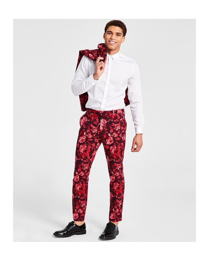 Men's Roscoe Slim-Fit Floral-Print Suit Pants Red $18.35 Pants