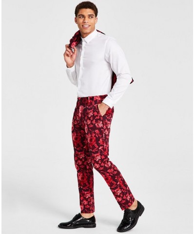 Men's Roscoe Slim-Fit Floral-Print Suit Pants Red $18.35 Pants