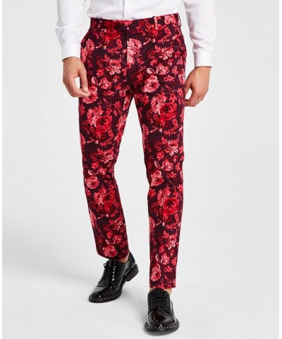 Men's Roscoe Slim-Fit Floral-Print Suit Pants Red $18.35 Pants