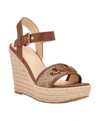 Women's Hisley Espadrille Logo Wedges with Nappa Trim Sandals Brown $52.47 Shoes