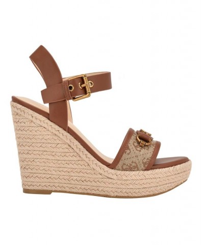 Women's Hisley Espadrille Logo Wedges with Nappa Trim Sandals Brown $52.47 Shoes