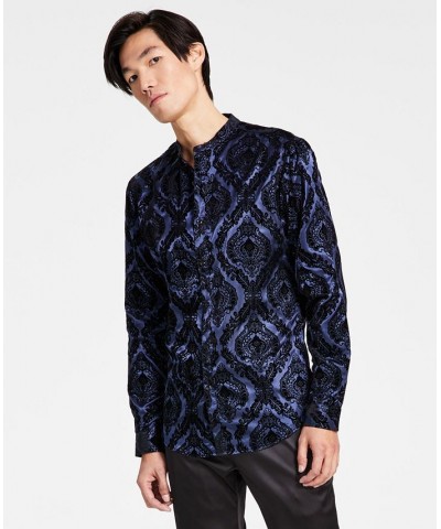 Men's Flocked Baroque Band-Collar Shirt Blue $17.85 Shirts