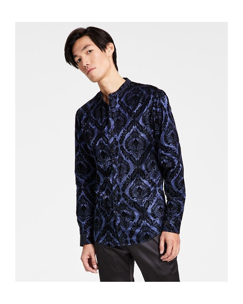 Men's Flocked Baroque Band-Collar Shirt Blue $17.85 Shirts