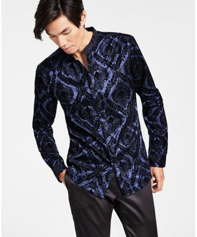 Men's Flocked Baroque Band-Collar Shirt Blue $17.85 Shirts