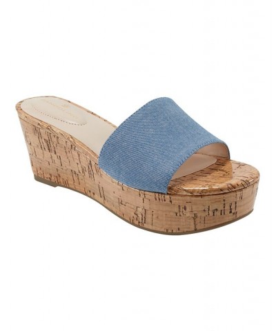 Women's Kennie Open Toe Slip-on Platform Wedge Sandals Blue $35.60 Shoes