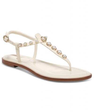 Gigi Pearl Studded T-Strap Flat Sandals White $49.40 Shoes