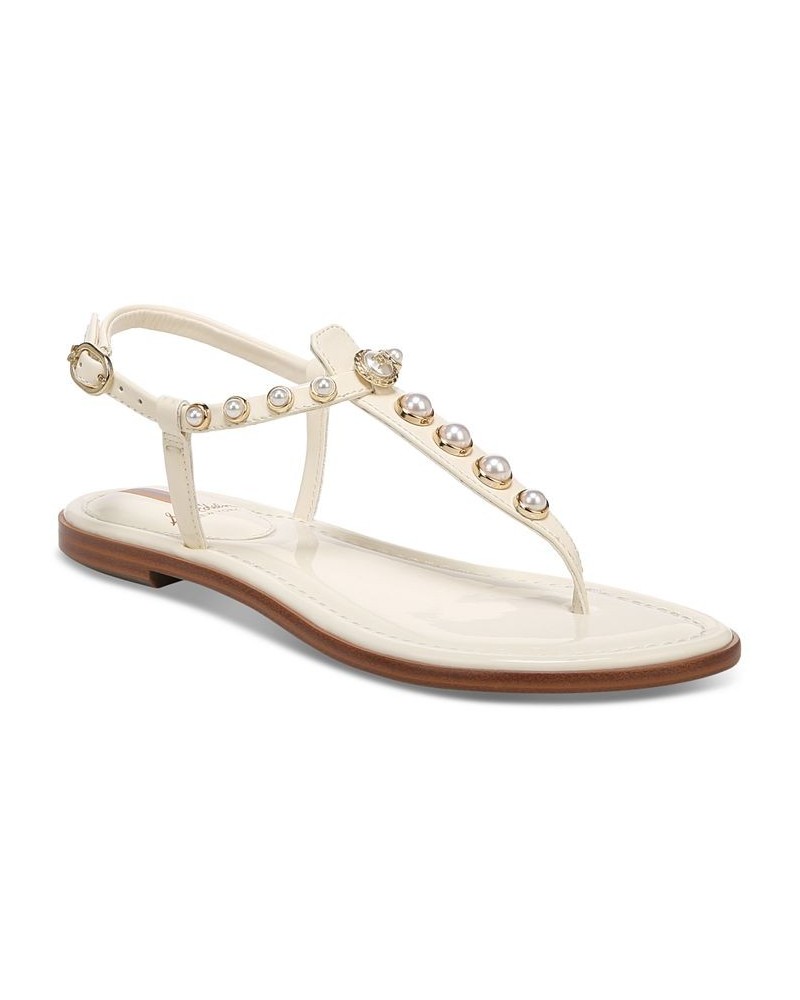 Gigi Pearl Studded T-Strap Flat Sandals White $49.40 Shoes