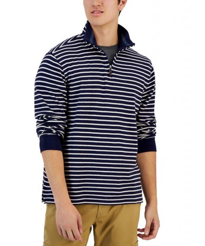 Men's Classic Fit Striped French Rib Quarter-Zip Sweater Blue $11.23 Sweaters