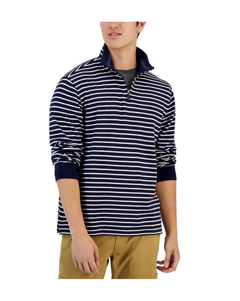 Men's Classic Fit Striped French Rib Quarter-Zip Sweater Blue $11.23 Sweaters