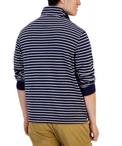 Men's Classic Fit Striped French Rib Quarter-Zip Sweater Blue $11.23 Sweaters