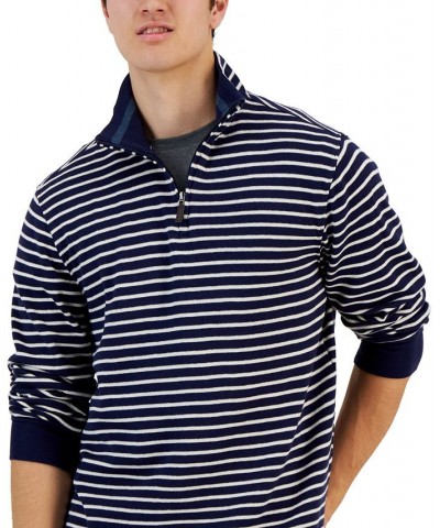 Men's Classic Fit Striped French Rib Quarter-Zip Sweater Blue $11.23 Sweaters