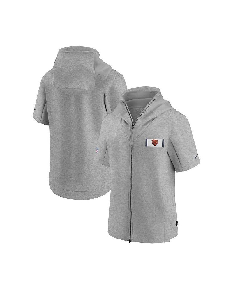 Men's Heathered Gray Chicago Bears Sideline Showout Short Sleeve Full-Zip Hoodie Jacket $76.80 Jackets