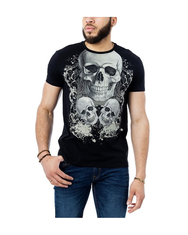 Men's Three Skulls Rhinestone T-shirt Black $21.60 T-Shirts