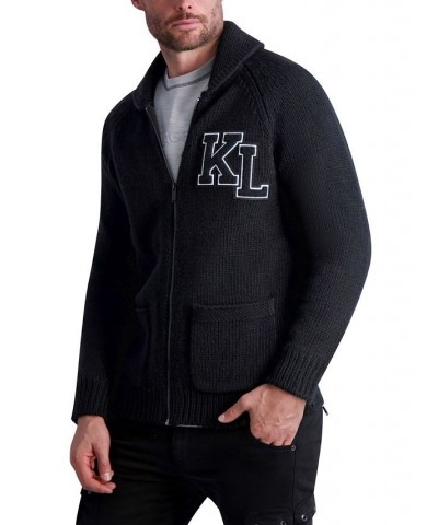 Men's Long Sleeve Varsity Shawl Collar Cardigan Sweater Black $62.70 Sweaters