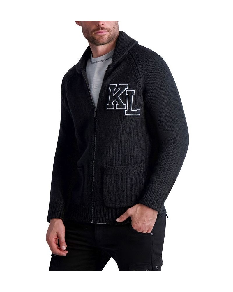 Men's Long Sleeve Varsity Shawl Collar Cardigan Sweater Black $62.70 Sweaters