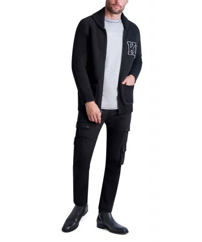 Men's Long Sleeve Varsity Shawl Collar Cardigan Sweater Black $62.70 Sweaters