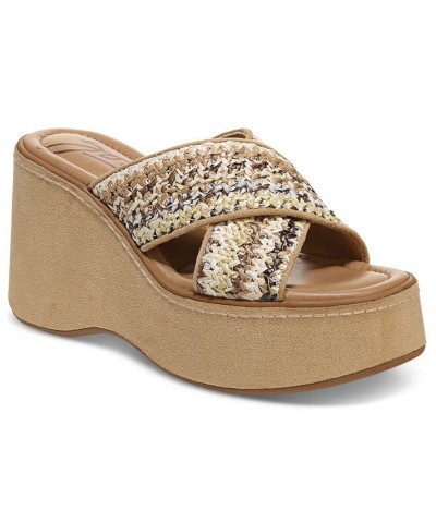 Women's Nessa Slip-On Criss Cross Band Platform Wedge Sandals Tan/Beige $47.96 Shoes