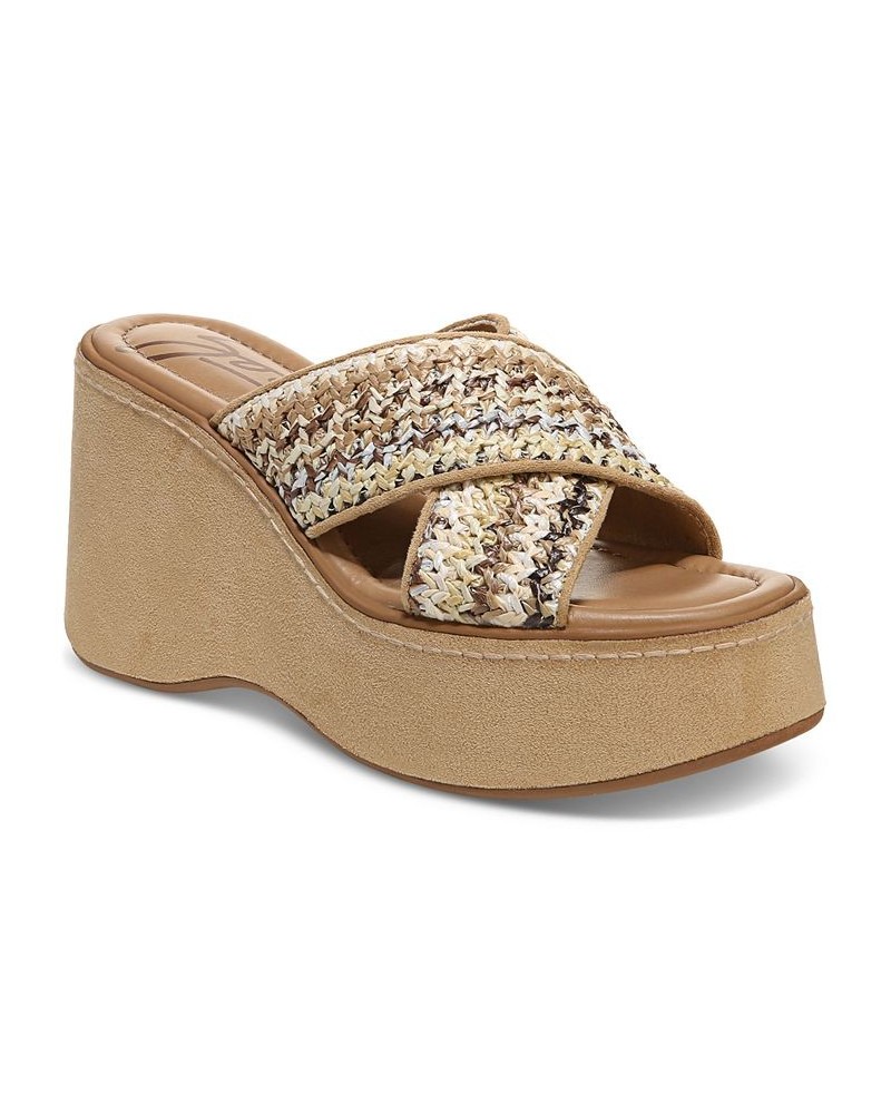 Women's Nessa Slip-On Criss Cross Band Platform Wedge Sandals Tan/Beige $47.96 Shoes