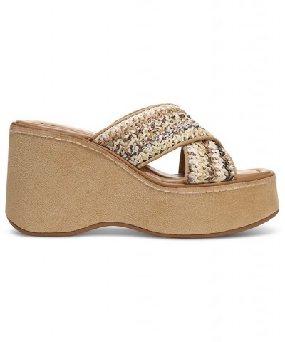 Women's Nessa Slip-On Criss Cross Band Platform Wedge Sandals Tan/Beige $47.96 Shoes